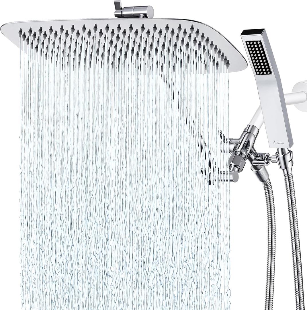 G-Promise All Metal 14 Inch Dual Square Shower Head with Handheld Spray Combo, Rain Shower Head, Adjustable Extension Arm, 3-Way Diverter, 71 Inch Extra Long Hose - A Bathroom Upgrade (Chrome)