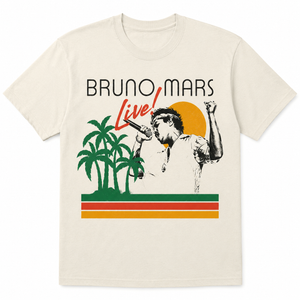 Bruno Mars Unisex Adult Bruno Mars Official Merch Live! T-Shirt, Off-White (Yellow, L)