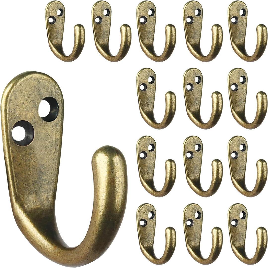 IBosins 15PCS Coat Hooks Wall Mounted Single Prong Robe Hook for Hanging Towel Hooks with 30 Screws for Bags, Hat, Cap, Scarf, Cup (Antique Brass)