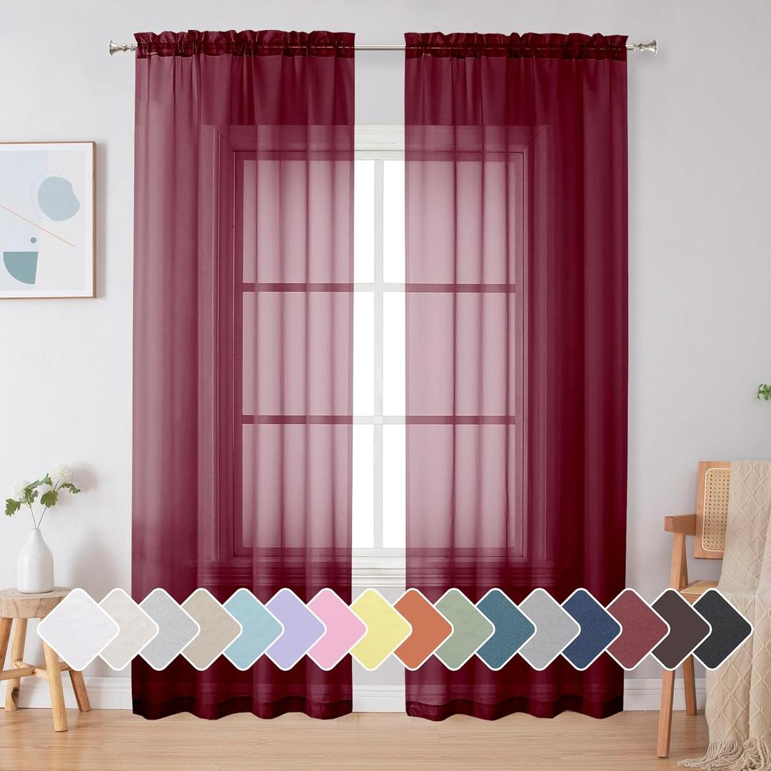 Simplebrand Red Sheer Curtains 84 Inches Long, Light Filtering Rod Pocket Solid Color Window Sheer Curtain Panels, Elegant Curtains & Drapes for Living Room, Bedroom 2 Panels (Burgundy, 42" W x 84" L) (42"W x 84"L (Pack of 2), Burgundy)