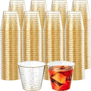 Byvivace 500Counts 1OZ. Disposable Shot Glasses Hard Plastic Shot Cups Gold Glitter Mini Shot Glasses for Tequila, Jello Shots, Liquor, 1Ounce Small Cup for Sauce, Dips, Shot Cups for Party