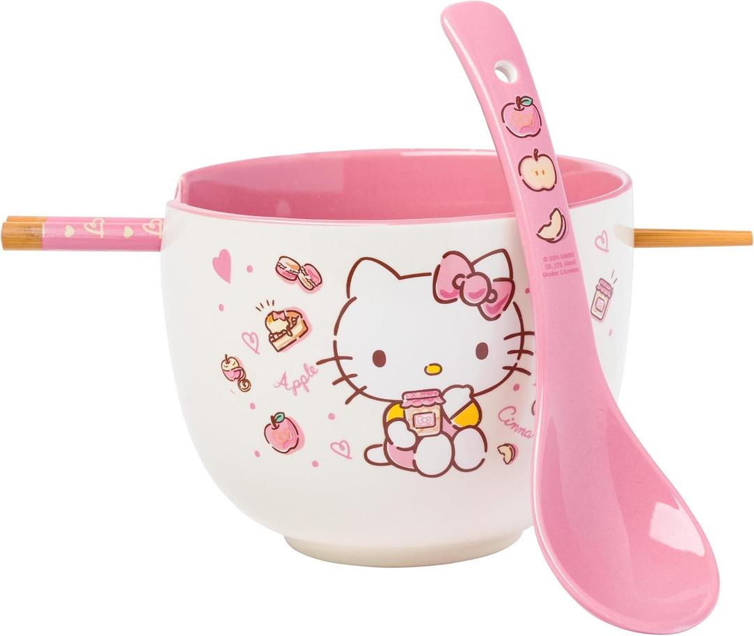 Silver Buffalo Sanrio Hello Kitty Apples and Cinnamon Ceramic Ramen Noodle Rice Bowl with Chopsticks and Spoon, Microwave Safe, 20 Ounces