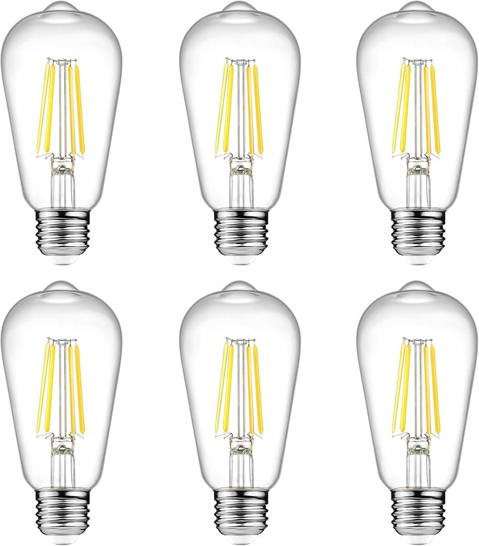 Ascher Vintage LED Edison Bulbs, 6W, Equivalent 60W, Non-Dimmable, High Brightness Cool White 4000K, ST58 Antique LED Filament Bulbs with 80+ CRI, E26 Medium Base, Clear Glass, Pack of 6