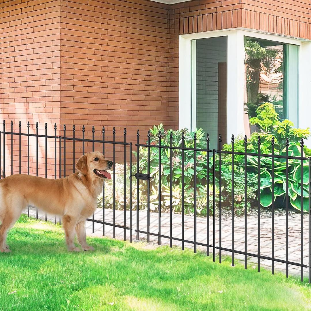 Metal Garden Fence with Gate 30 in H x 10 ft L, 1 Gate + 4 Panels Border Fence Panels Animal Barrier for Dogs, No Dig Garden Fencing for Yard Patio Flower Bed Lawn Outdoor, Black
 (5 Panels - 30 in(H) X 10 ft(L) - with Gate)