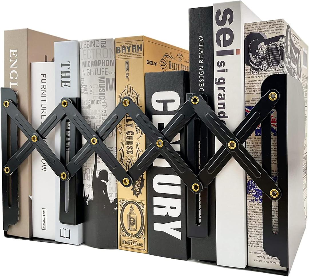 Adjustable Bookends Non Skid Decorative Bookends,Metal Bookend for Heavy Books,Bookshelf Organizer Holder for Books and Magazines for Desk(Black)