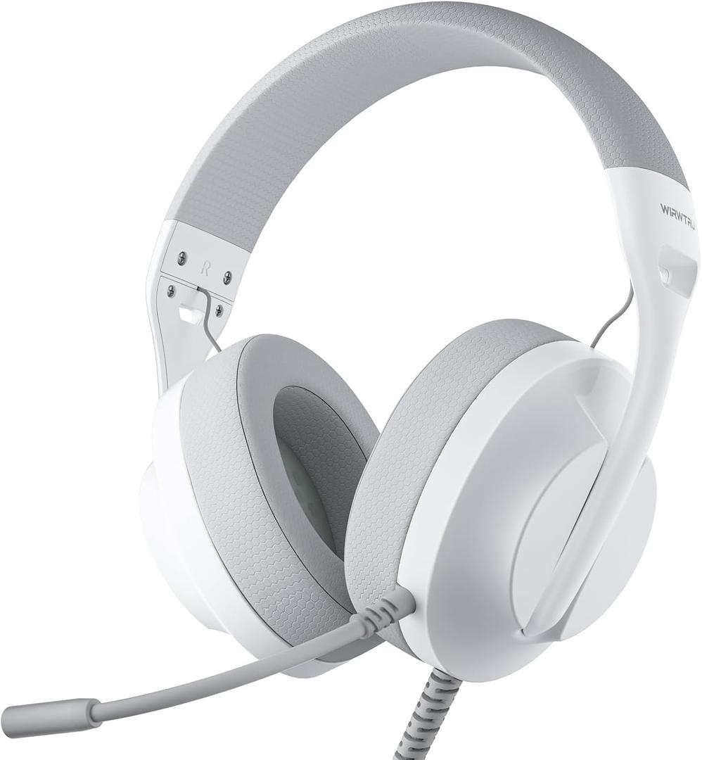 WIRWTRU S30 Gaming Headset with Microphone,198g Lightweight Design, Wired Gaming Headphones for Xbox, Xbox Series X|S, PS5, PS4, Switch, PC, Noise Cancelling Mic, Soft Earmuffs (White&Grey)
