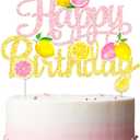 Pink & Gold Glitter Lemon Happy Birthday Cake Topper - Pink Yellow Lemon Slice Cake Decor for Summer Fruit Themed Birthday Party, Lemonade Stand Party Supplies, 7.9 x 6.1 inches