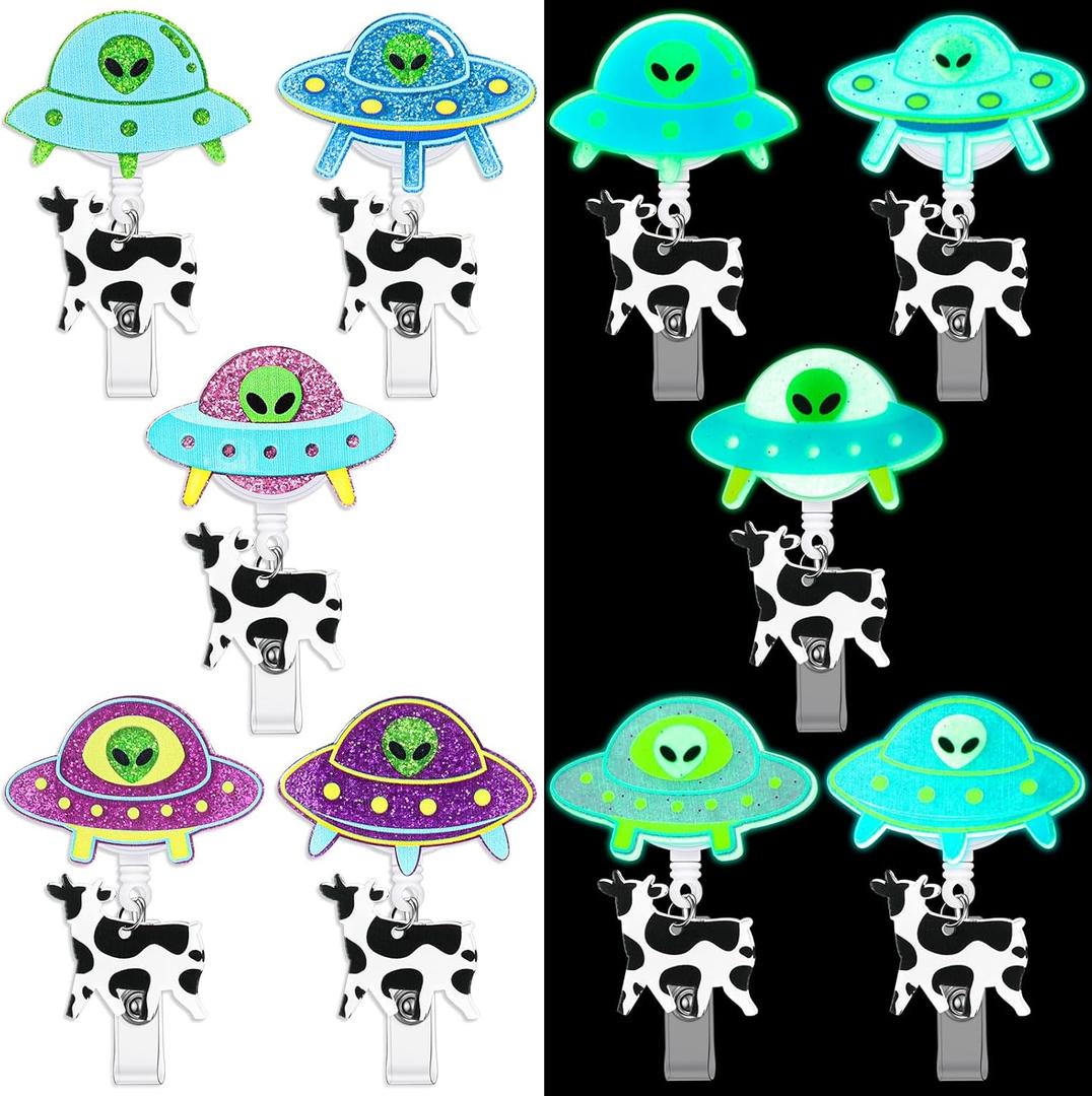 Dunzoom 5 Pcs Alien Badge Reel UFO Cow Badge Reel Holder with ID Clip Funny Cute Kawaii Retractable for Nurse Medical Assistant Nursing Name Tag(Luminous)