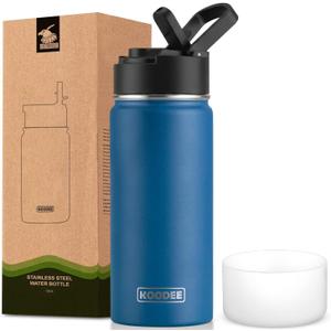 koodee Water Bottle with Straw 16 oz Stainless Steel Double Wall Vacuum Insulated Water Bottle BPA Free, Boys Water Bottle for School (Navy)