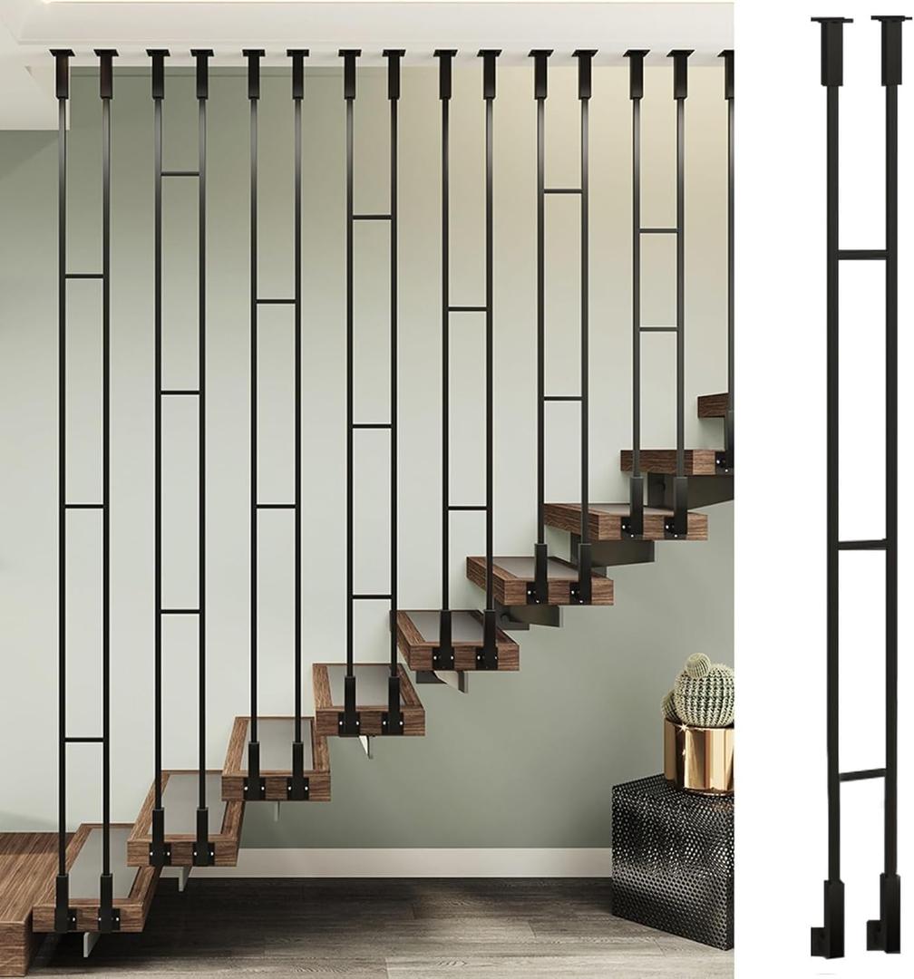 30 Pack 44" Wrought Iron Staircases Balusters, 1/2" Rectangular Stair Spindles, 15 Straight and 15 Single Rectangle, Hollow Stair with 60 Baluster Shoes for Staircases, Hallways and Backyard Fences