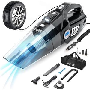 VARSK 4-in-1 Car Vacuum Cleaner High Power, Tire Inflator Portable Car Vacuum with Digital Tire Pressure Gauge LCD Display and LED Light, 12V DC, 15FT Cord, Essential Accessories for Men Women (Black)