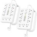 2 Pack 6 FT Flat Plug Surge Protector Power Strip,11 Multiple AC Outlets with 6 USB Ports (2 USB C), 6 Feet Extension Cord, 1250W/10A, One Touch Switch Button, 17 in 1 Compact powerstrip (White)