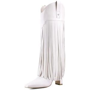 JilTrdWei Women's Fringe Cowboy Boots Knee High, Pull On Western Statement Boots with Block Heel & Square Toe, Faux Leather Boots for Country Concert Party-white-7.5