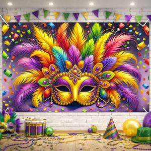 Mardi Gras Carnival Feather Mask Backdrop 70.9 x 43.3 Inch Colorful Confetti Party Banner for Masquerade Ball Brazilian Festival Parade Wall Decoration Photo Booth Background