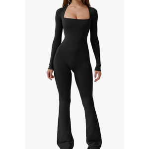 QINSEN Jumpsuits for Women Square Neck Wide Leg Full Length Romper Playsuit, Color: Black, Size: Large