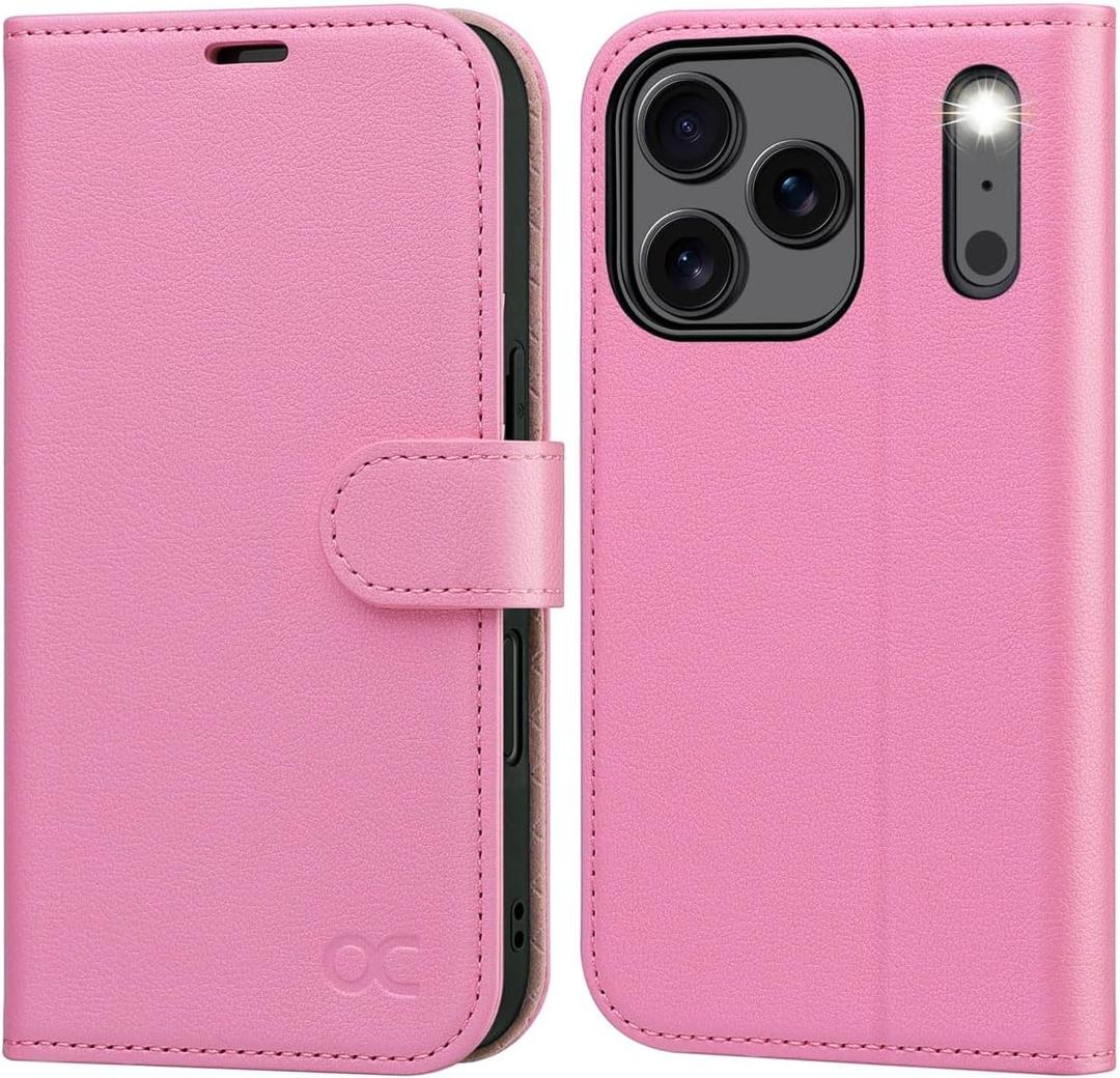 OCASE Compatible with iPhone 17 Pro Wallet Case, PU Leather Flip Folio Case with Card Holders RFID Blocking Kickstand [Shockproof TPU Inner Shell] Phone Cover 6.3 Inch 2025, Pink