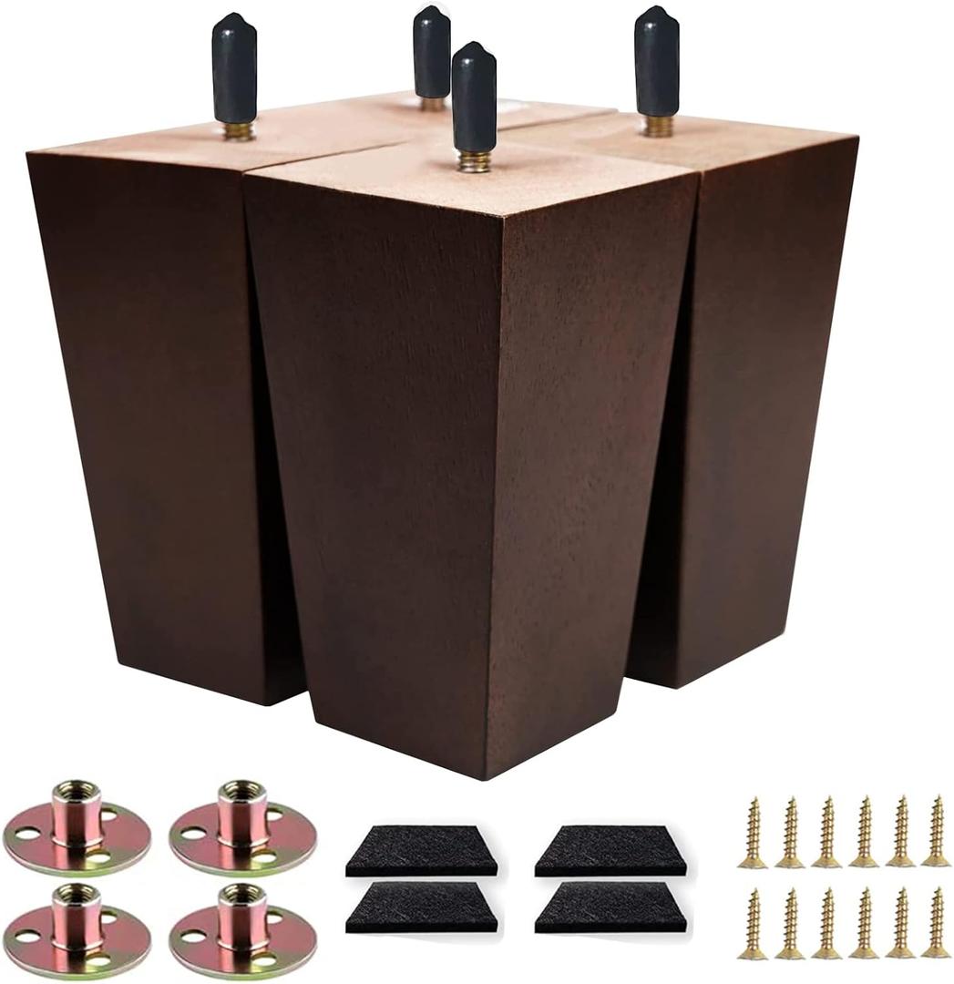 Sofa Legs Square Bed Feet 5 inch Wood Replacement Leg for Furniture Set of 4, Dark Brown