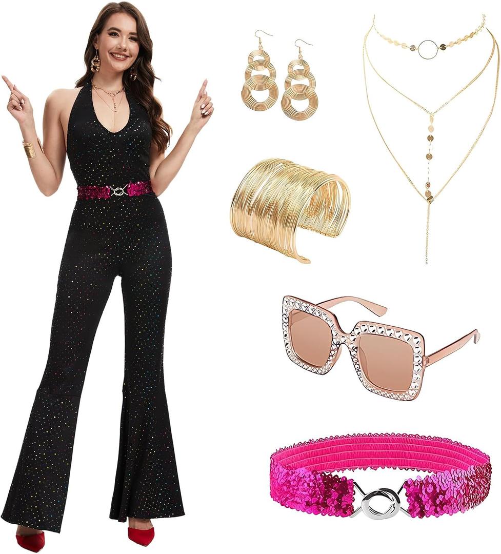 GFNWERTD 70s Disco Outfits Sequin Jumpsuit for Women, Disco Jumpsuit with Accessories Set for Halloween Cosplay Party ﻿ (Black, L)