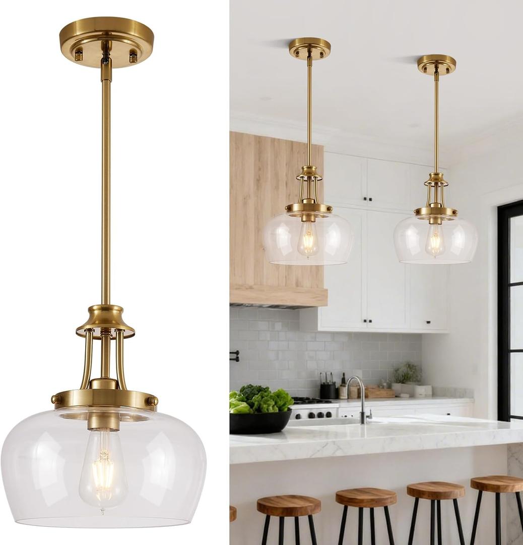 Modern Pendant Lights Kitchen Island, Brushed Gold Pendant Light Fixtures with 10" Clear Glass Shade, Industrial Hanging Pendant Lights Fixture for Kitchen Island Dining Room Bedroom Foyer Entryway