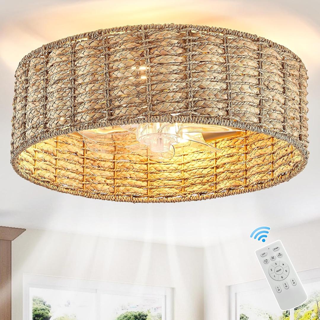 20" Fandelier Rattan Boho Ceiling Fans Rattan chandelierBoho Remote Control, 6 Speeds, Handwovenalso has 1 hour/2 hours/4 hours timer off functionfor Bedroom, Living Room, Dining Room, Yoga Room