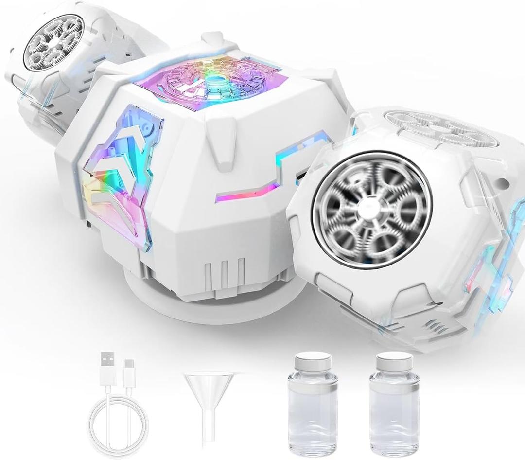 Rechargeable Dual-Nozzle Bubble Machine, 360 Auto Rotation Bubble Blower with Remote Control & RGB Lights, 30k Bubbles/Min, USB-C Bubble Maker for Kids Toddlers Parties Wedding Outdoor Birthday Gift