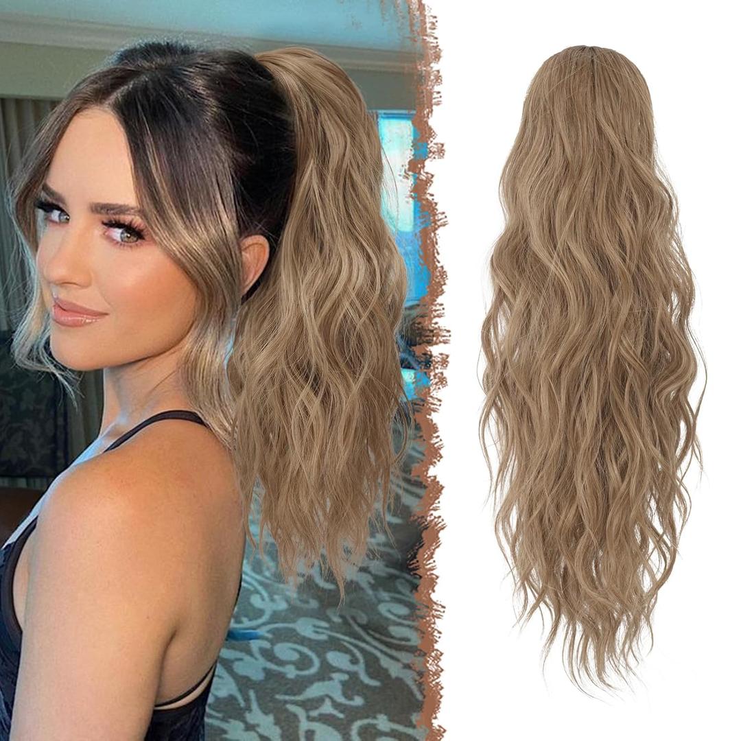 FESHFEN Ponytail Extensions, Drawstring Ponytails Hair Extension Light Brown Mix Natural Blonde Long Curly Wavy Hair Piece Synthetic Pony Tail Hairpieces for Women 18 inch (12/24# Light Brown Mixed Natural Blonde)