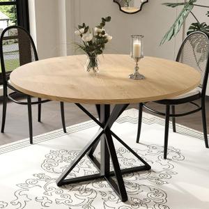 GarveeHome 47 Inch Round Dining Table for 4-6, Circle Kitchen Table with Pedestal Base, Farmhouse Wooden Dining Table for Small Spaces, Kitchen & Dining Room, Living Room-Oak/Only Table