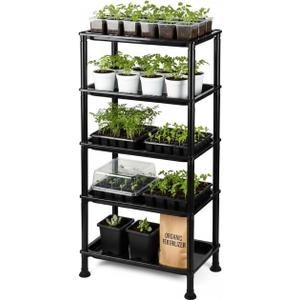 5-Tier Seed Starter Trays, Plant Stand, with Bottom-Watering Design Reinforced Thickened Shelf for Small Pots, Balcony/Indoor Seed Starting & Greenhouse, Black (10"*15"*37", Dark)