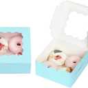 Bakepacker 60pcs Light Blue Cookie Boxes 6x6x3 inches Easy Assemble Macaroon Pastry Boxes Bakery Boxes with Window for Bakery