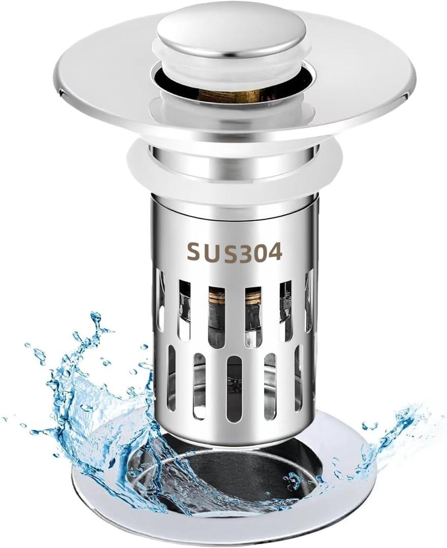 2 x Bathroom Sink Drain Stopper, Universal Pop Up Drain for Bathroom Sink Replacement, Sink Drain Cover with Anti-Clogging Filter Basket Hair Catcher, Sink Drain Strainer for 1.1-1.45 Inch