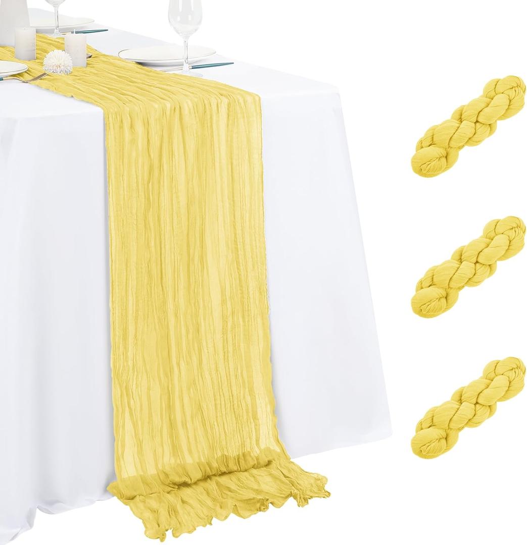 3 Pack Light Yellow Table Runner 17x108 Inch Cheesecloth Table Runner Boho Gauze Table Runners Romantic Rustic Fabric Cheese Cloth Table Runners for Wedding Party Baby Shower Birthday Home Decor