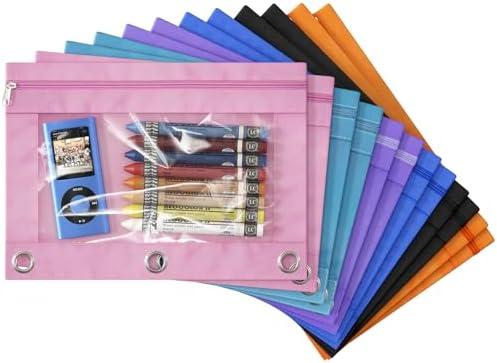 MINI LOP 3 Ring Binder Pencil Pouches, Zippered Clear Window Pencil Case for Binder with Rivet Enforced Hole 3 Ring, 12 Packs (12)