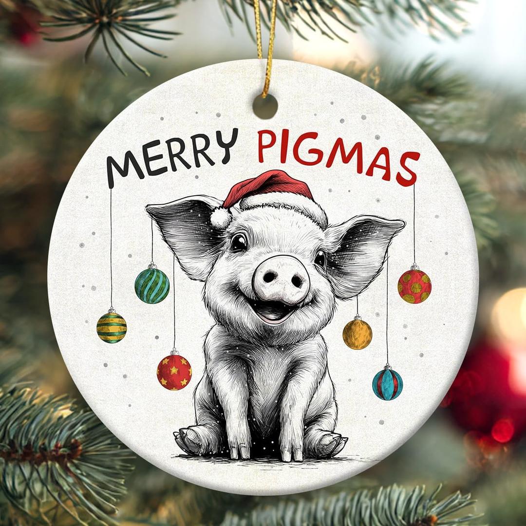 2 x Pig Ornaments for Christmas Tree 2025 - Funny Gifts for Friends Neighbors Farmer, Farm Animal Ceramic Ornament as Christmas Tree Decorations, Cute Animal Lovers Gifts for Women, Men