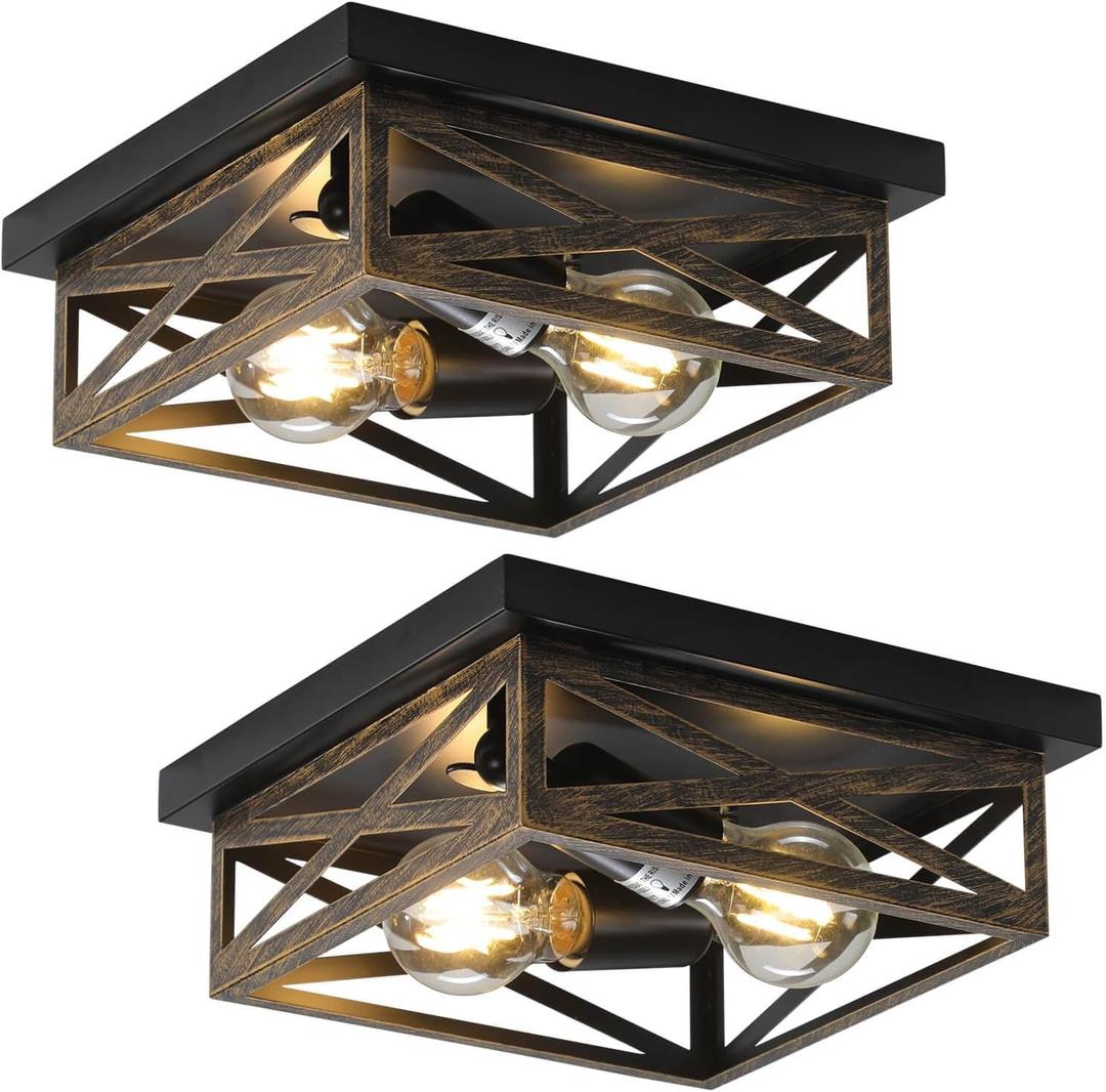 2Pack Rustic Flush Mount Ceiling Light Fixture, Modern Farmhouse Light Fixture, Kitchen Hallway Light Fixtures for Bedroom,Dining Room Entryway,Industrial Metal Cage Ceiling Light (2 Pack(9.8 in))