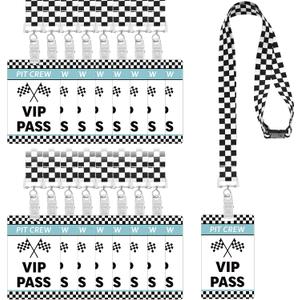 MotiMind 30 Sets Vintage Racing VIP Pass Cards with Checkered Racing Lanyards Bulk PVC Retro Vintage VIP Pass Cards with White and Black Lanyards for Race Car Birthday Party Fast One Party Supplies
