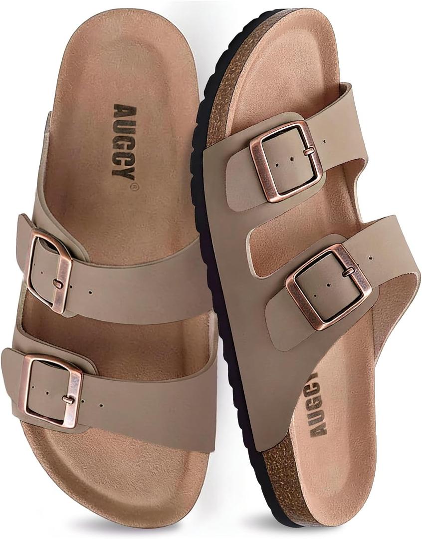 Womens Sandal Cork Footbed Slide, Arch Support Slides for Women with Adjustable Buckle, Comfortable Summer Beach Outdoor Sandals (Beige, US 7.5)
