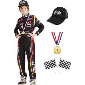 Kids Race Car Driver Costume Boys Toddler Racer Jumpsuit With Car Cap Disfraz de Carro para Nio Halloween Dress Up (110 (4-5Y), Black)