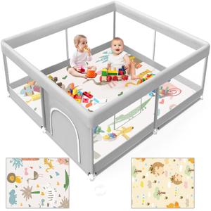 Baby Playpen with Mat, 50x50 Inch Playpen with Mat Waterproof for Babies and Toddlers Play Pen Playards Safety Gate Fence Active Center Indoor (Dark Grey + Mat)