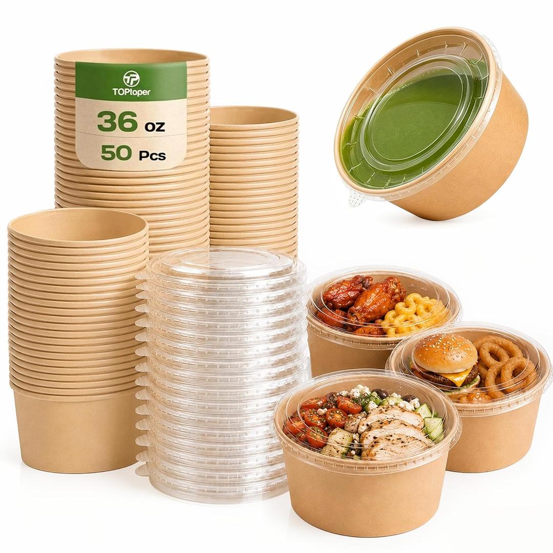36Oz 50Pcs Large Paper Bowls with Lids, Disposable Soup Serving Bowls Bulk Party Supplies for Hot/Cold Food, Soup (36 OZ)