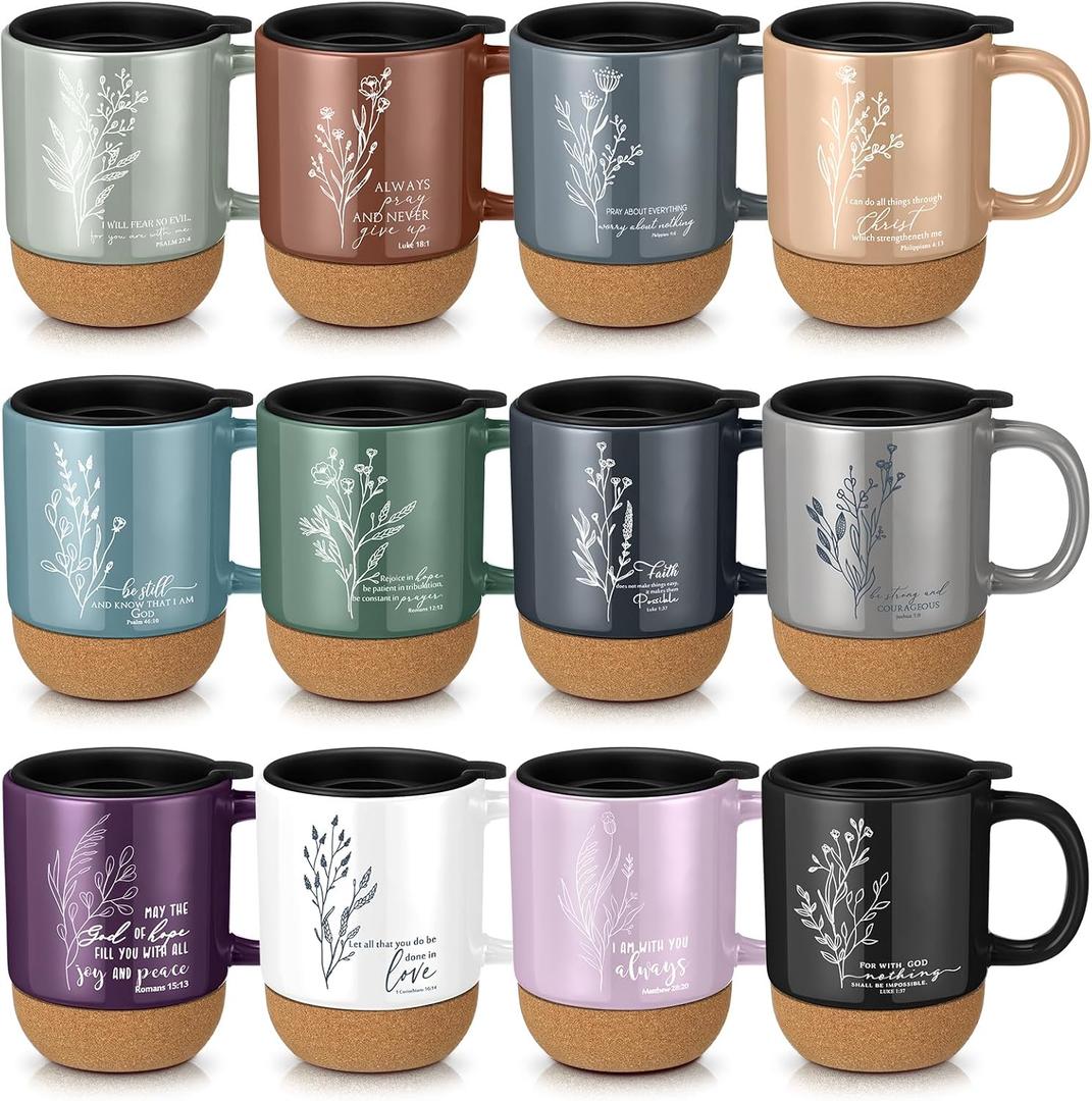 FillTouch 12 Pcs Christian Mothers Day Coffee Mugs 15 oz Religious Cup Cork Bottom Coffee Mug with Verse Inspirational Gifts for Women Men Father Teacher Church Bible Study(Boho,Flower)