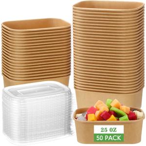 Maxdot 50 Pack Disposable Food Containers with Lids Paper Food Containers Bowls for Meal Prep, Salad, Ice Cream, Yogurt, Soup Bowls Party Leftover Box(Brown,25 oz)