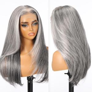 Grey Mixed Synthetic Lace Front Wig, 13X6 Long Straight Layered Glueless Wigs for Women Daily Use 22IN(#2/606HL)