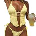 ZAFUL Halter Swimsuits for Women Textured Backless 2 Piece Bathing Suits Cheeky High Cut String Tie Side Bikini Sets (Yellow, L)