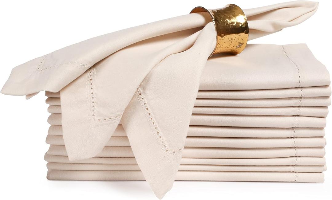 Palisa Cloth Dinner Napkins with Hemstitched Detailing & Mitered Corners 20x20 Inches - Washable Polyester Table Napkins for Weddings & Everyday Use - Set of 12, Almond Beige
