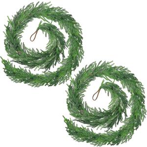 2PCS Christmas Norfolk Pine Garland,6 ft Artificial Green Garland Holiday Decoration Outdoor Indoor for Stairs Railing Fireplace