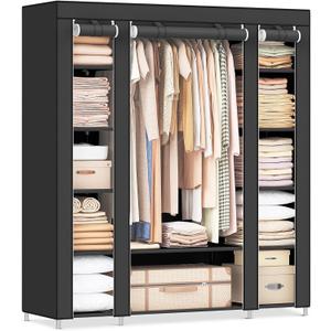 SONGMICS Closet Wardrobe, Portable Closet for Bedroom, Clothes Rail with Non-Woven Fabric Cover, Clothes Storage Organizer, 59 x 17.7 x 69 Inches, 12 Compartments, Black ULSF03H
