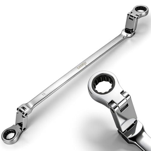 DISEN Extra Long Flex Head Ratchet Wrench Metric 14-15MM, Double Jointed Box End Ratcheting Combination Wrench, 72-Teeth, Cr-V Steel,12 Point