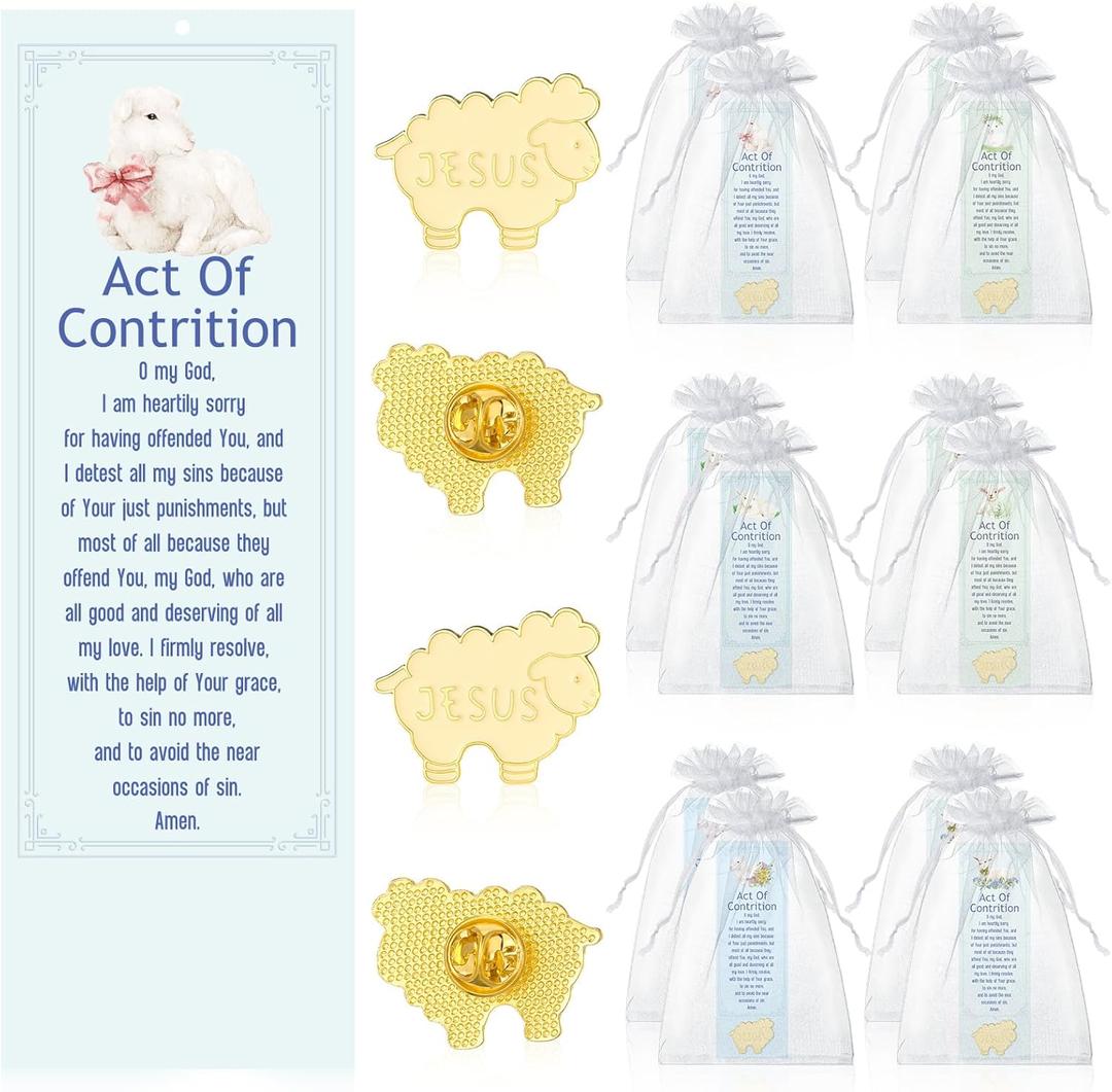 Supervitae 12 Sets / 24 Pcs First Reconciliation Gifts Bulk, Include 12 Act of Contrition Prayer Guide Bookmarks 12 Catholic Lapel Pin Jesus Sheep Pin for Church Party Favors