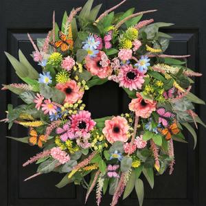 24 Inch Spring Wreath for Front Door Handcrafted Wreath Adorned with Eucalyptus Leaves Pink Blooms Butterfly, Year Round Wall Window Porch Home Farmhouse St Patricks Day Indoor Outdoor Decor