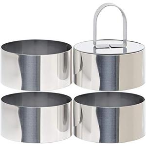 HULISEN Round Cake Ring Mold, Stainless Steel 3” Cooking Crumpet Rings with 1 Pusher & 4 Food Form, Tuna Tartare Mold for Pancake, Salad, Mousse